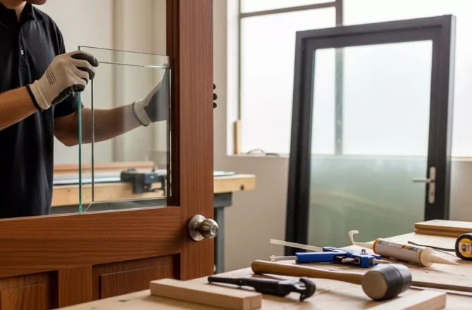 Instalação de visores de vidro em portas de madeira ou metal