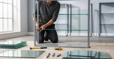 Montagem de estantes e prateleiras de vidro